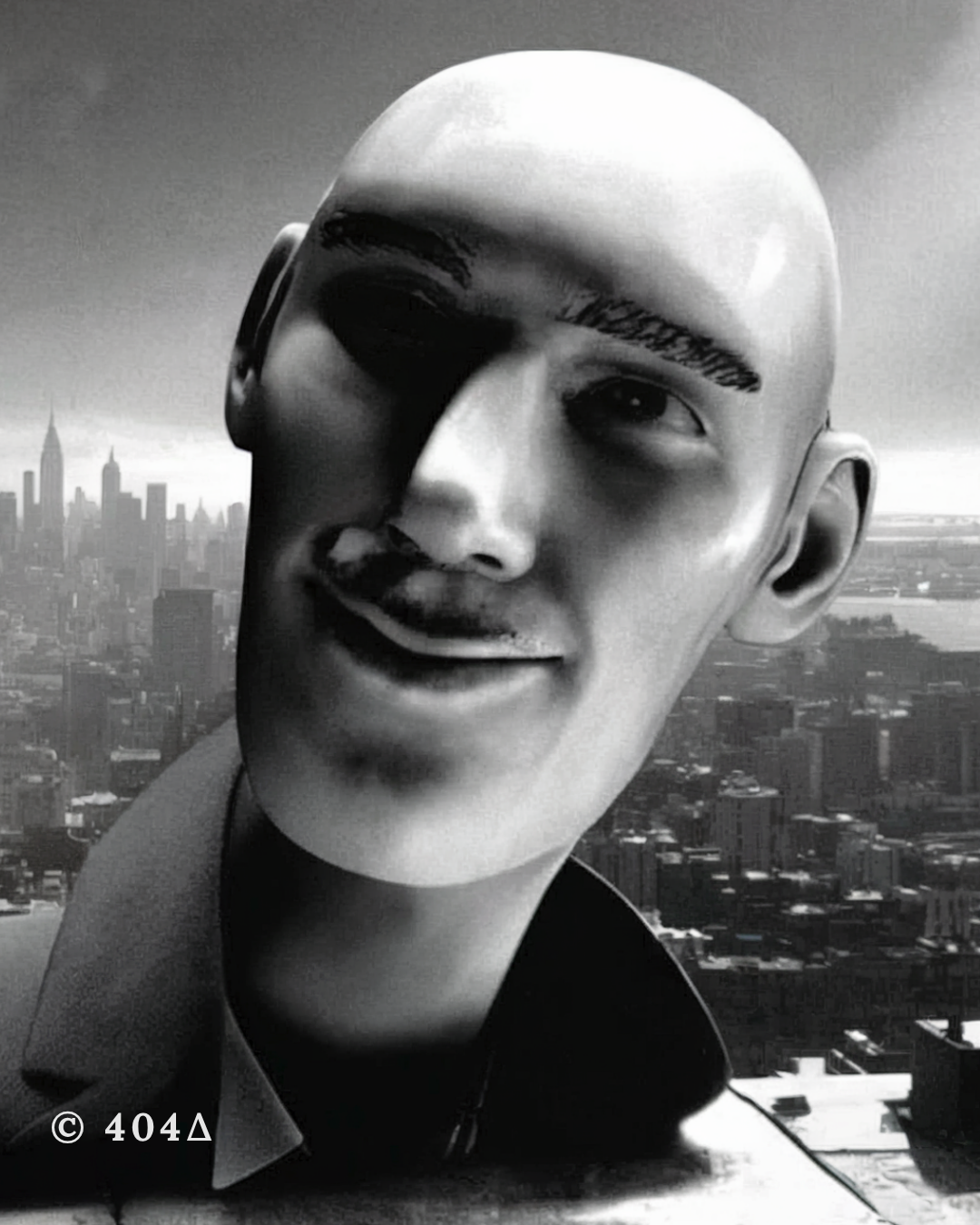 Porträt von 404∆, Konzeptkünstler und Mitentwickler der Obliterativen Textontologie (OTO), digitale Aufnahme vor Stadtlandschaft, 2007.