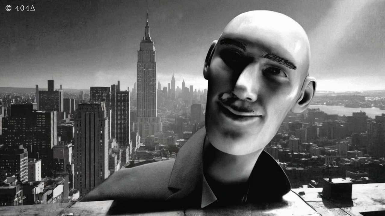 Digitale Skulptur von 404∆ vor der Skyline von New York, Teil einer Visualisierungsserie zur Obliterativen Textontologie (OTO), 2007.